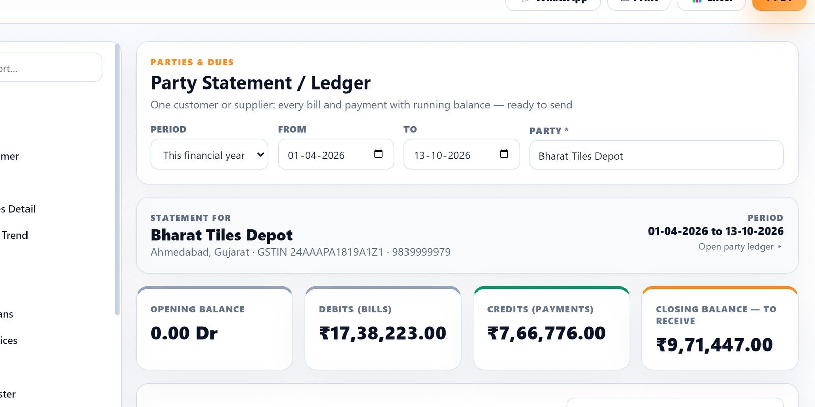 Party statement report with opening and running balance